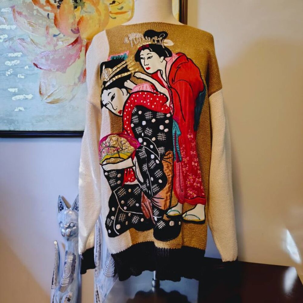Vintage Cyberpunk 80s Geisha Oiran Applique Sparkly Knit Jumper - Small